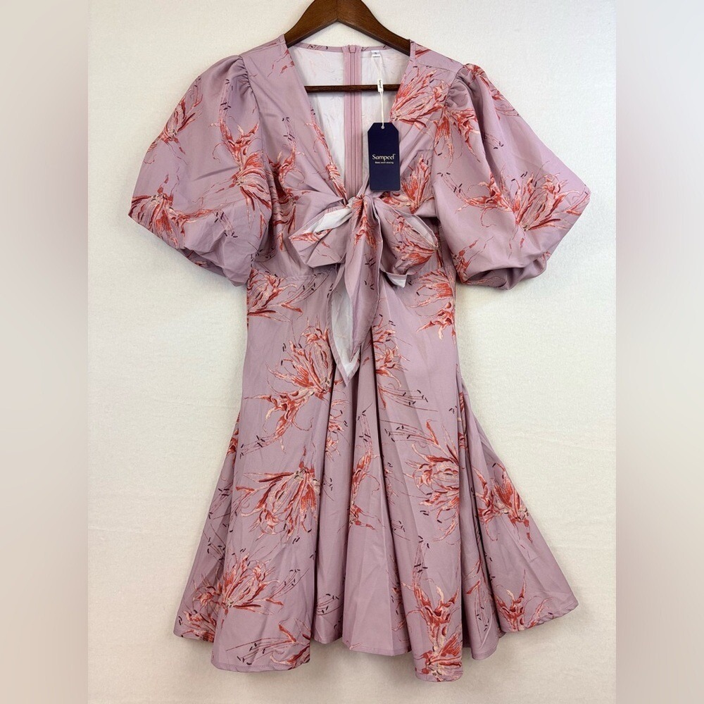 NEW Pink‎ Floral Easter Dress Bow Mini Short Sleeve V Neck Wedding Blush Small - Picture 2 of 14